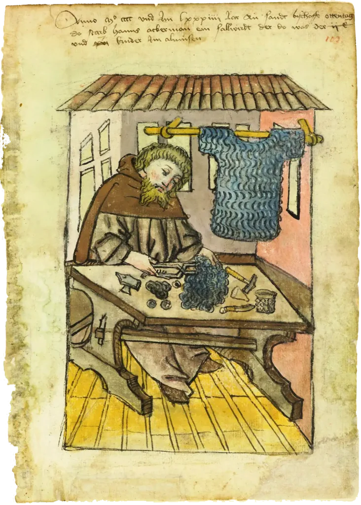 Een maliënkoldersmid aan het werk, met voor zich de ringen en het aambeeld en achter zich het voltooide hemd. Het bijschrift boven de afbeelding vermeldt de dood van de broeder die hier is afgebeeld. Uit het Hausbuch van de Mendelsche Zwölfbrüderstiftung te Neurenberg, 1425.