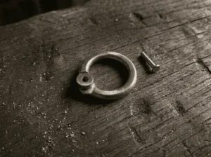 Een enkel ringetje, de uiteinden platgeslagen en doorboord voor het klinknageltje dat de ring zal sluiten. Deze bewerking herhaalde zich duizenden malen per hemd (AI-gegenereerd).