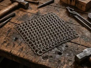 Ineengehaakte ringen vormen een buigzaam weefsel dat de gestalte volgt. Het maken van zo'n lap kostte weken (AI-gegenereerd).