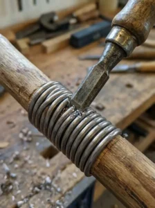De ijzeren draad wordt om een staaf gewikkeld en de spiraal daarna doorgesneden, zodat losse ringetjes ontstaan. Elk ringetje moet vervolgens afzonderlijk worden bewerkt (AI-gegenereerd).
