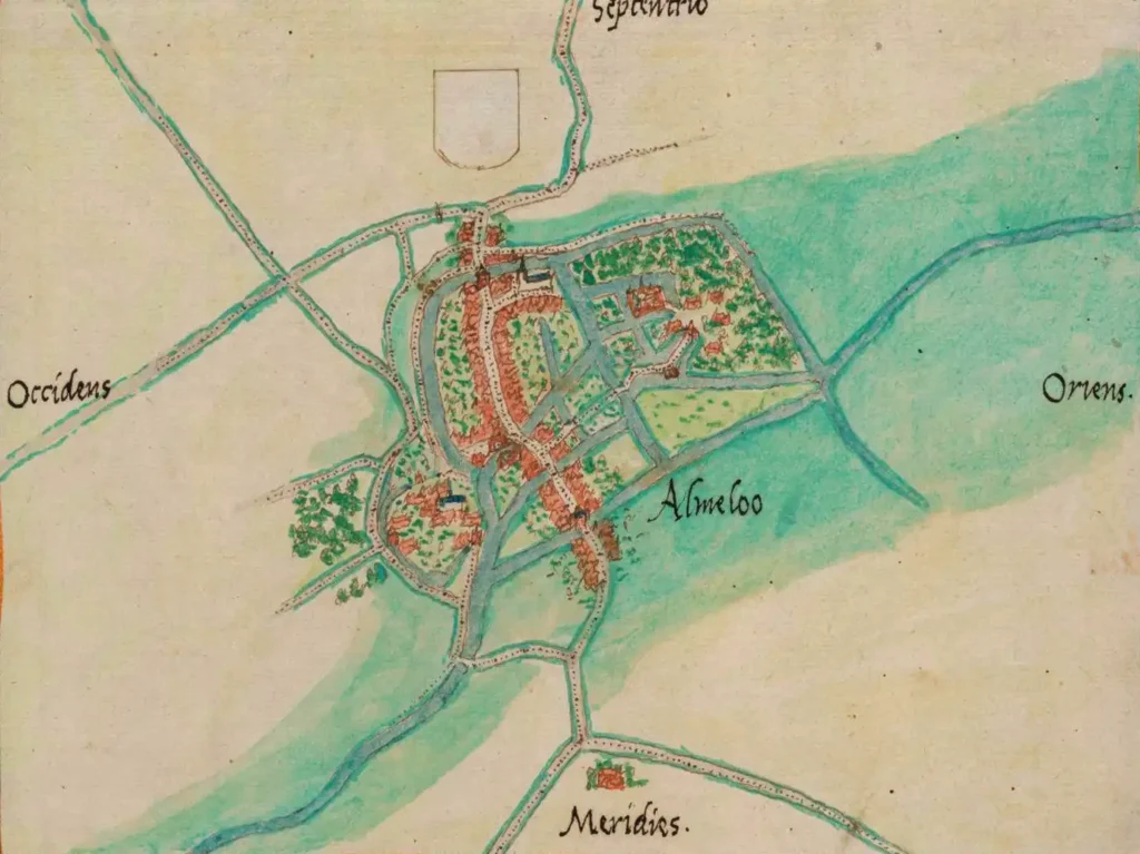 Almelo omstreeks 1545, met ten oosten van het stadje de omgrachte huisplaats van de heren van Almelo. Het huis werd in 1363 tot open huis van de bisschop van Utrecht verklaard, waarna de bisschop de vrijheid van Almelo erkende. Van de middeleeuwse burcht is bovengronds niets bewaard. Plattegrond van Jacob van Deventer. (Bron: Biblioteca Nacional de España, Planos de ciudades de los Países Bajos Parte III)