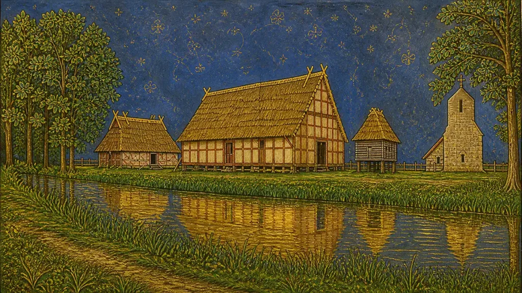 Reconstructie van een bisschoppelijke hof in Twente in de late middeleeuwen, met hoofdgebouw, bijgebouw, spieker (verhoogde graanschuur) en kapel (AI-gegenereerd).
