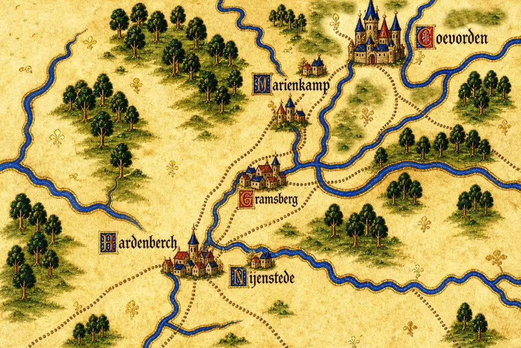 Het veen- en rivierlandschap rond Coevorden, met Mariënkamp, Gramsberg, Hardenberch en Nijenstede. Het klooster Mariënkamp wordt kort na 1230 nabij Coevorden gesticht als boetedoening voor de Slag bij Ane, en omstreeks 1260 verplaatst naar Assen. De voorstelling is deels met AI gegenereerd naar het voorbeeld van de gebroeders Van Limburg. Het is geen historische kaart; de afgebeelde kastelen volgen de vijftiende-eeuwse beeldtraditie en niet de bouwvormen van de dertiende eeuw.