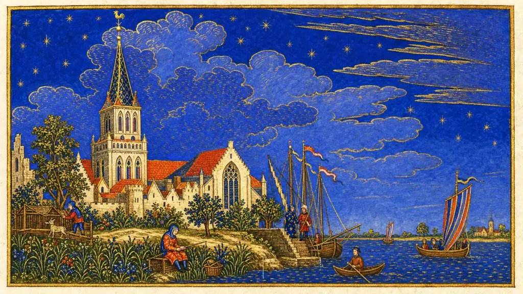 De Sint-Martinuskerk te Emmerik, gezien vanaf de Rijn. Hier werd op 15 januari 1499 het antwoord van de bannerheren verwacht. Zij verkregen dat zij het na de mis op het raadhuis mochten geven, buiten het openbaar gehoor. (Bron: AI-gegenereerd naar naar een tekening van Jan de Beijer, 1732)
